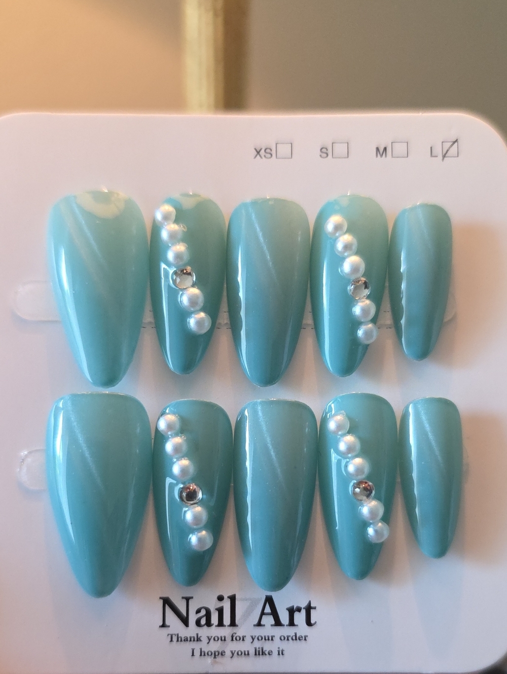 Nail Art Teal Pearl Accent Press-On Nails Size Large
